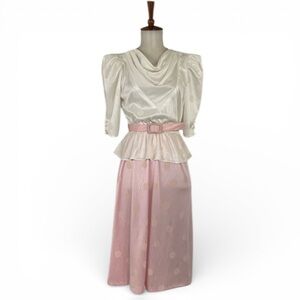 Vintage Midi Dress Women’s S Cowl Neck‎ Puff Sleeve Polka Dot Peplum Sheath